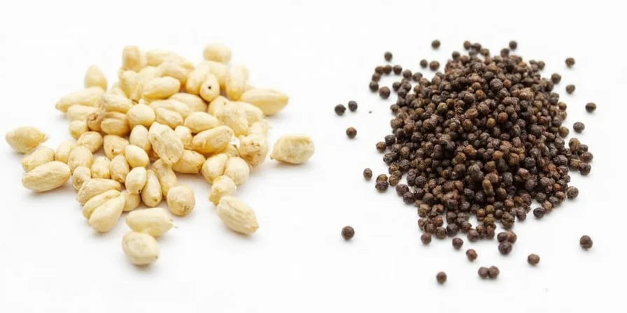 Close-up of tasting black and white pepper
