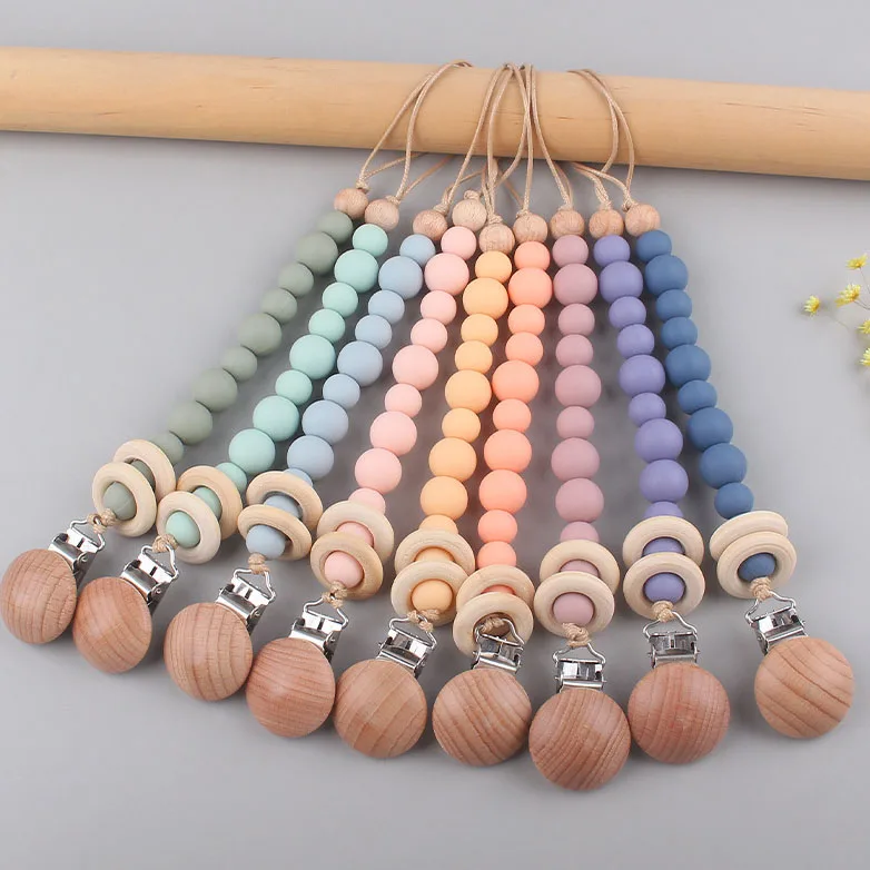 

Custom Logo Teething Chewable Soother Teether Toys Wooden Silicone Beads Baby Dummy Pacifier Chain With Clips