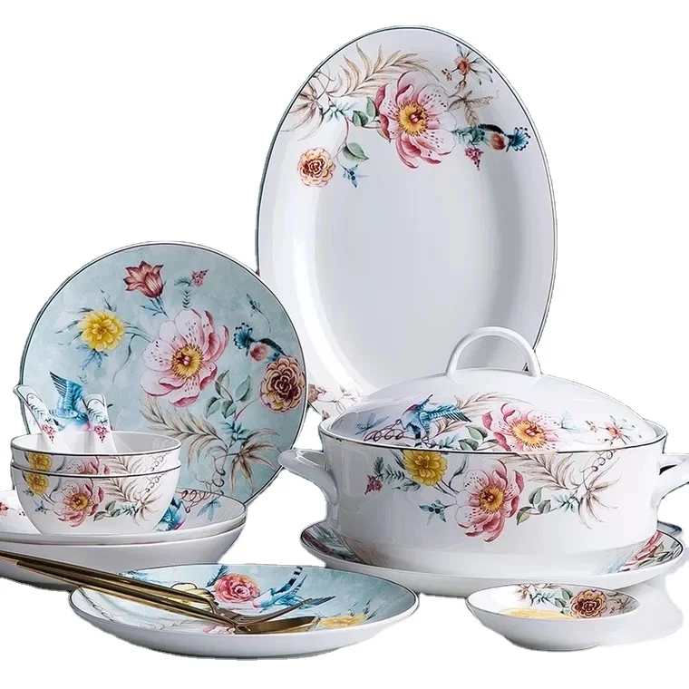 

Jingdezhen bone china tableware set kitchen family tableware hotel tableware 56-piece set, Picture
