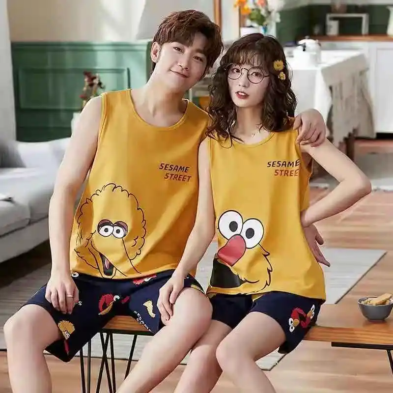 

Cartoon men nightgowns set Women Sleepwear sleeveless cotton knit night wear couple pajamas