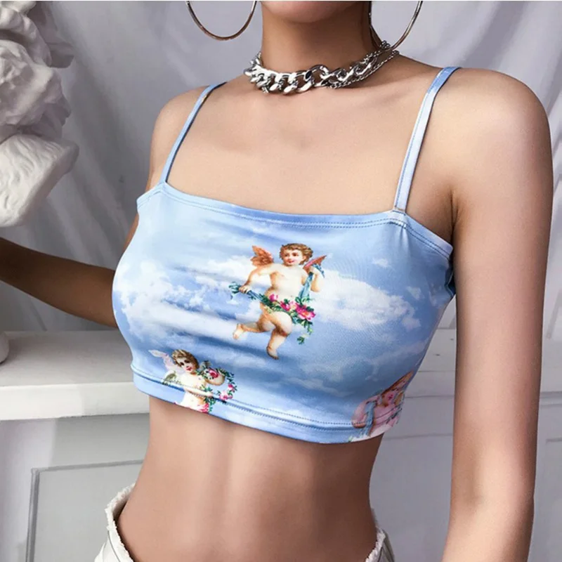 

2020 New Fashion Women camisole Sling Top Vest Sleeveless Cold Shoulder The Angel Of Cupid Print Short Camis Female Summer Top, Blue