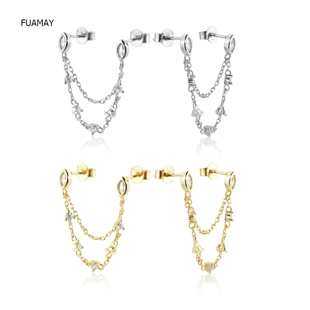 

FUAMAY China Factories Double Tassel CZ Link Chain Earrings Studs S925 Silver Marquise Diamond Teardrops Chain Earrings Woman