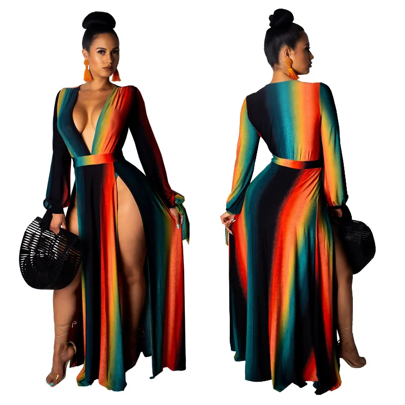 

new arrival tie dye l printed deep v-neck high slit long sleeve club sexy maxi dress