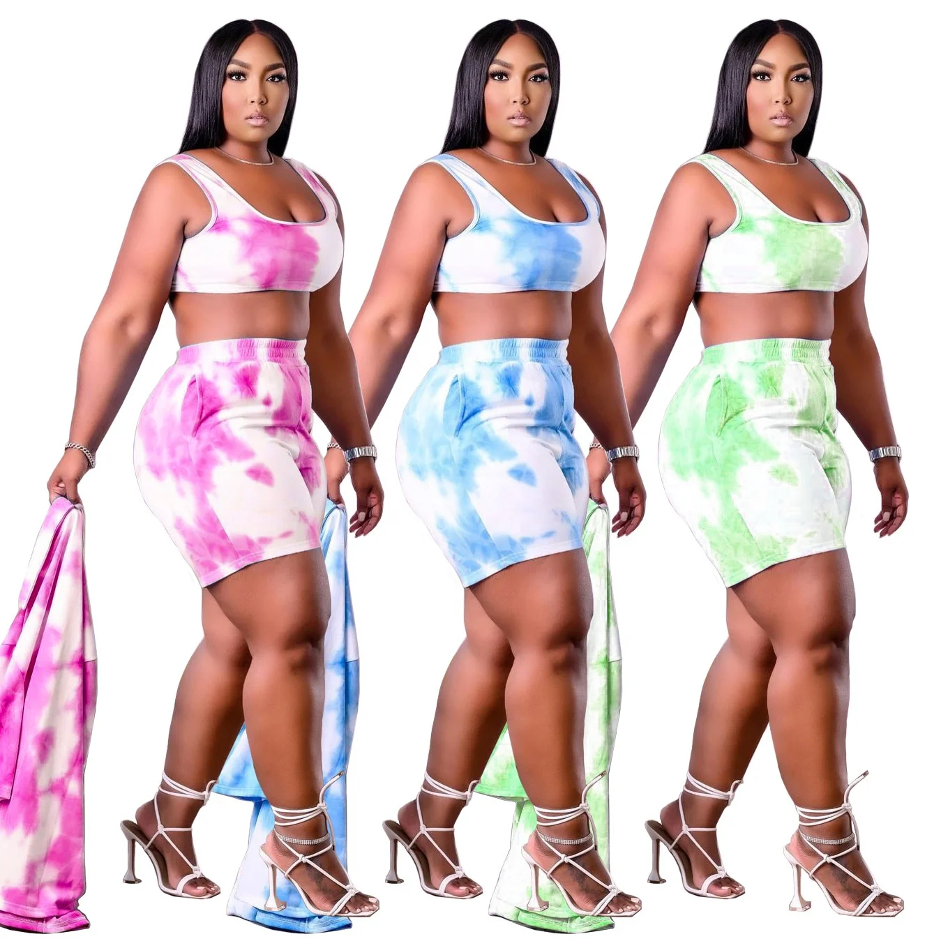

KX-Best selling popular summer crop top womens tie dye shorts set button up 3 piece short women's plus size sets