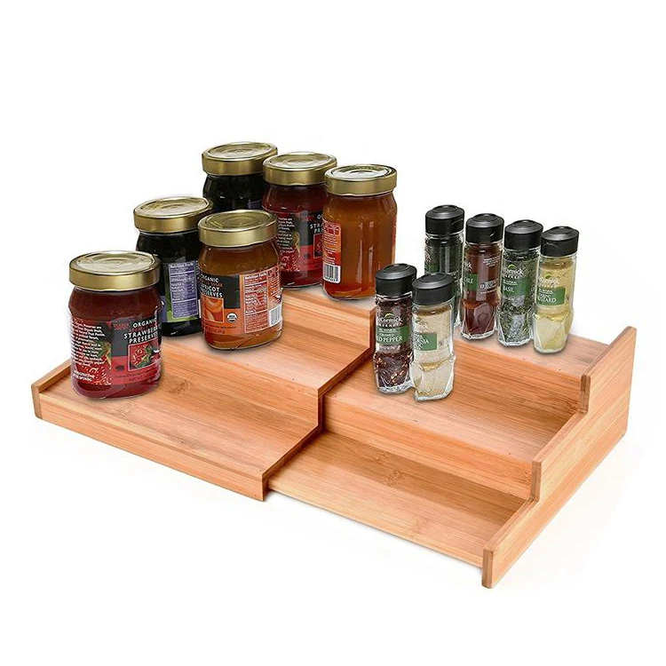 

3-Tier Expandable Bamboo Spice Rack Step Shelf Cabinet Organizer, Natural bamboo color