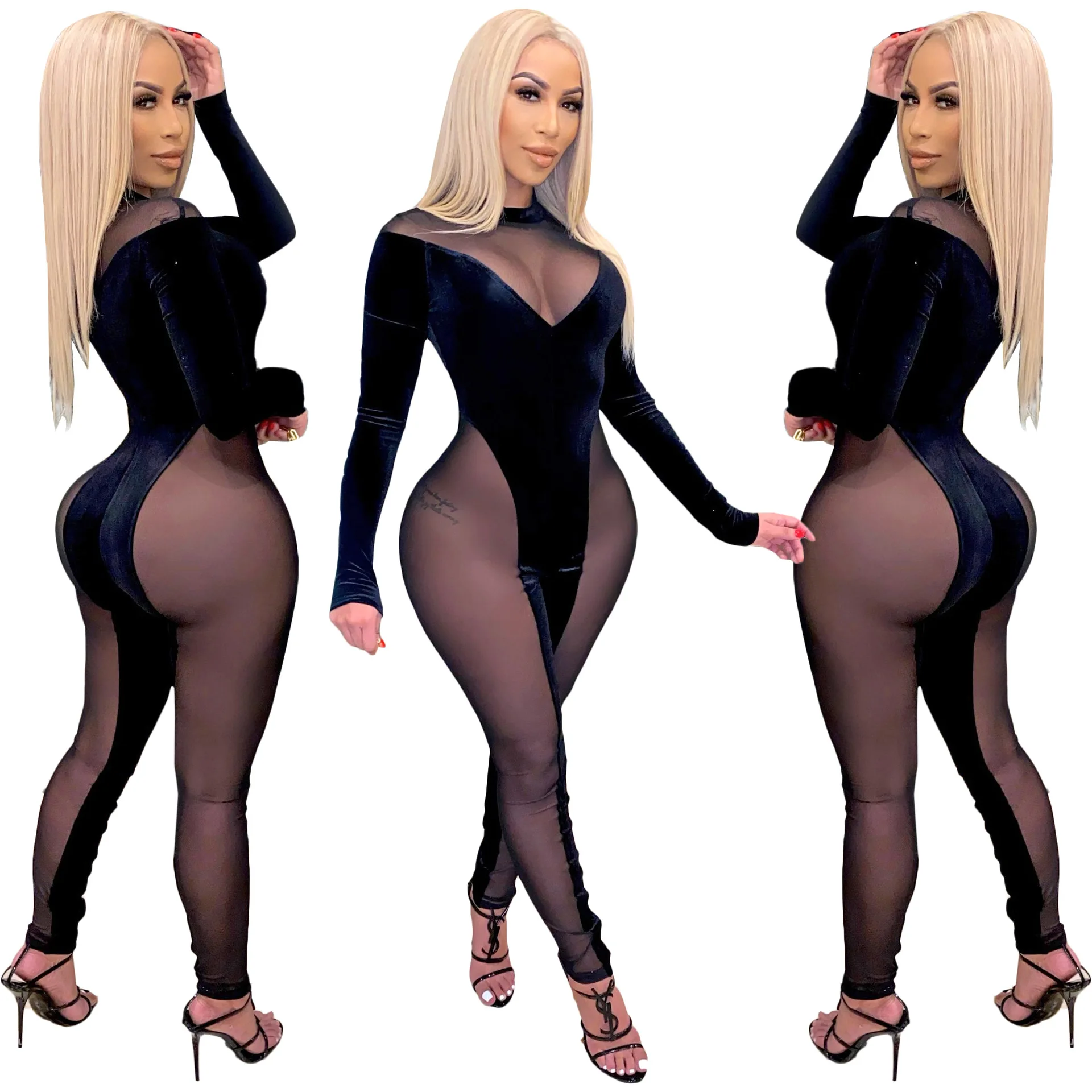 

2021 New Arrivals Women Autumn Party Black Sexy Patchwork Mesh One Piece Jumpsuits