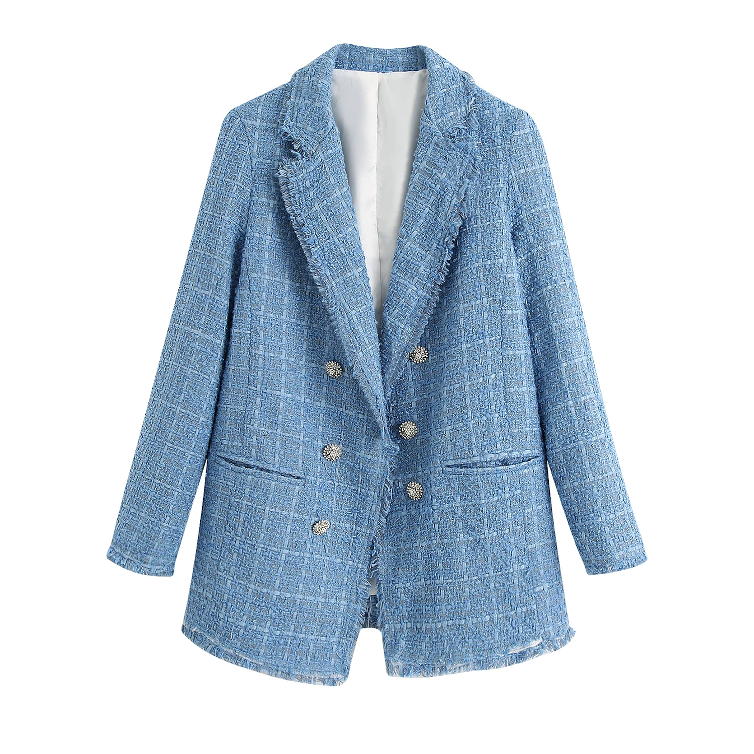 

Trench design notched collar blue color tweed jacket office lady style coat