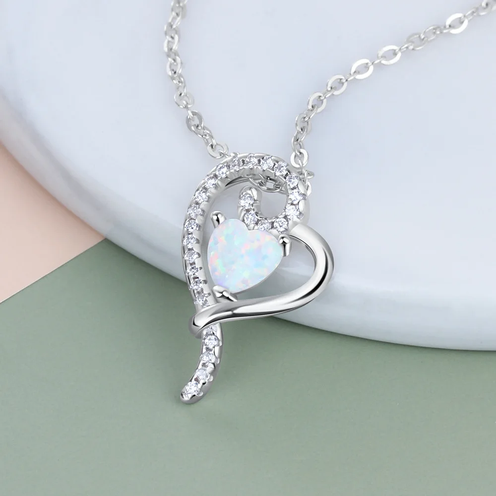 

ROMANTIC Fashion 925 Sterling Silver Jewelry Opal Stone Heart Pendant Necklaces