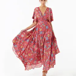 2020 new arrivals Baroque Print Deep V Neck Casual Long Dresses Women Summer Chiffon Maxi Dress