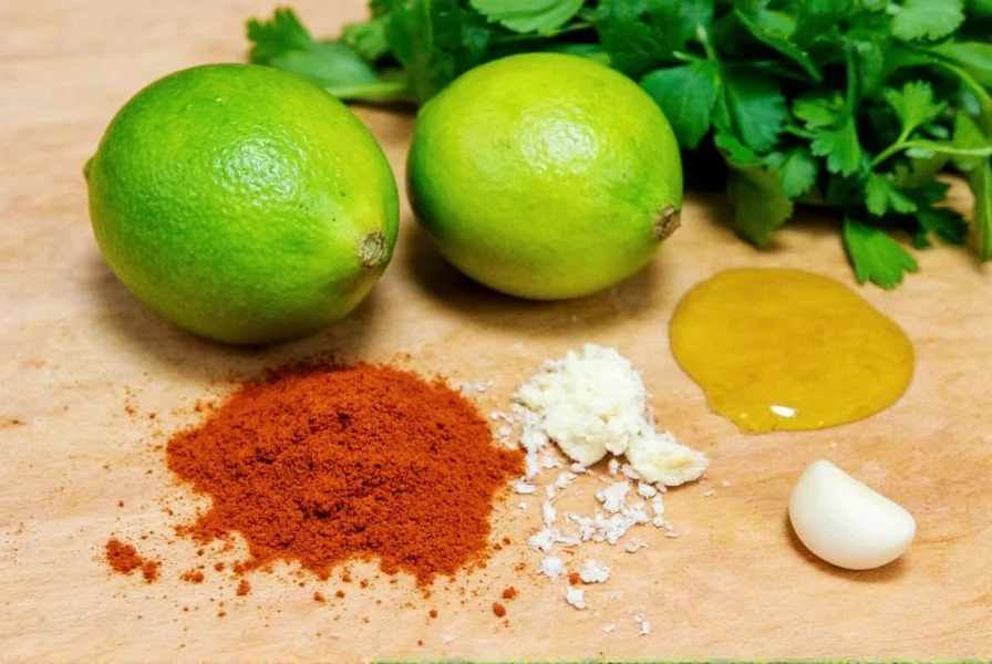 Close-up of fresh ingredients for chili lime chicken marinade: limes, chili powder, garlic, olive oil, and fresh cilantro arranged on wooden cutting board