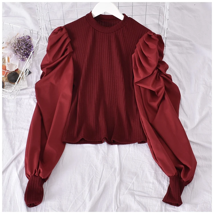 

Trendy Ruched Long Lantern Sleeve White Women Ladies Tops Latest High Neck Blouse