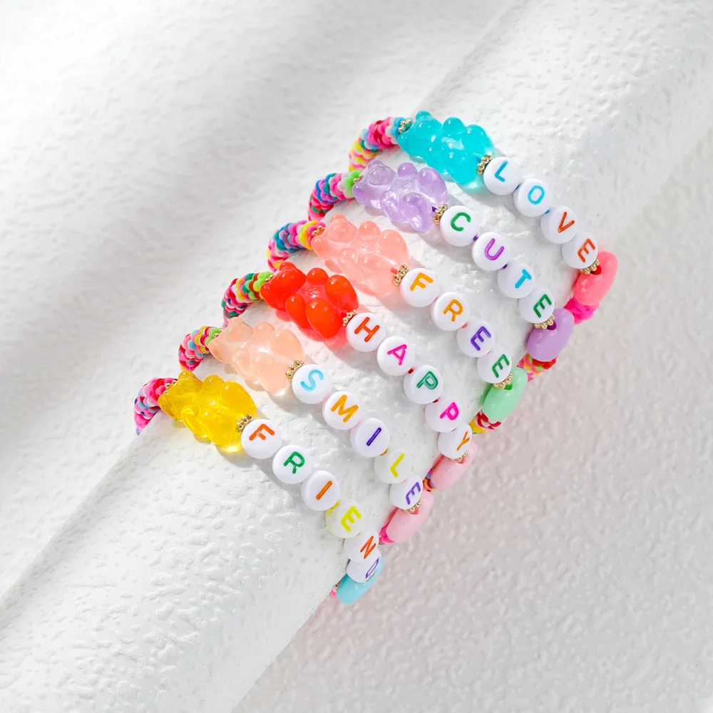 

2022 Girls Cute Rainbow Candy Color Soft Pottery Beaded Resin Bear Letter Bracelet Adjustable Women Friendship Earring Bracelet