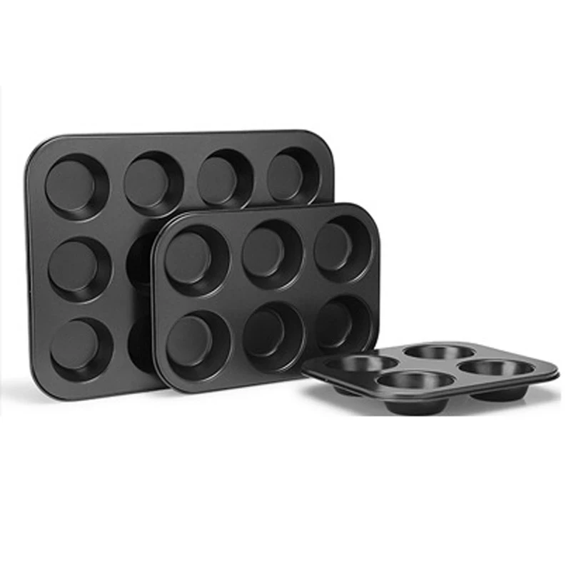 

New Non-Stick Baking Pan 4/6/12 Cups Muffin Cupcake Egg Tart Mold Metal Carbon Steel Round Baking Pan DIY Cake Mold Baking Tools, Black