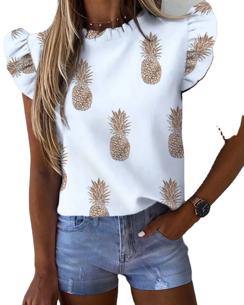 

Ladies Summer Ruffle Short Sleeve Round Neck Pineapple Print Ladies Shirt