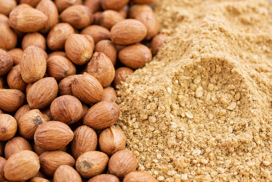 Close-up of whole nutmeg seeds and ground nutmeg powder showing the natural spice in different forms