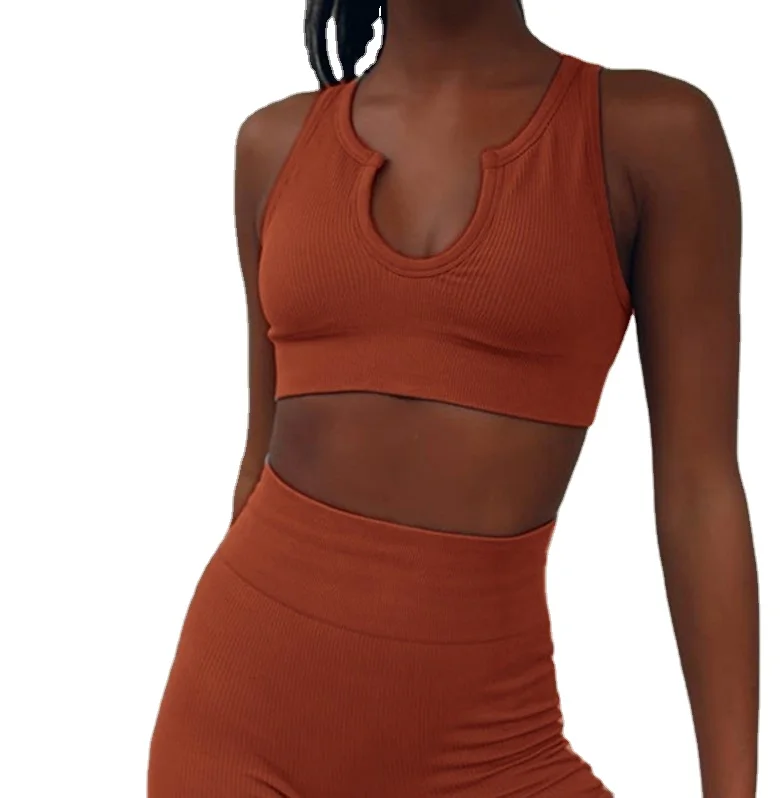 

2021 New Design Women Gym Bra Elastic Leggings Sexy Knitted Seamless Sports Set, Brown orange nude blue offee black