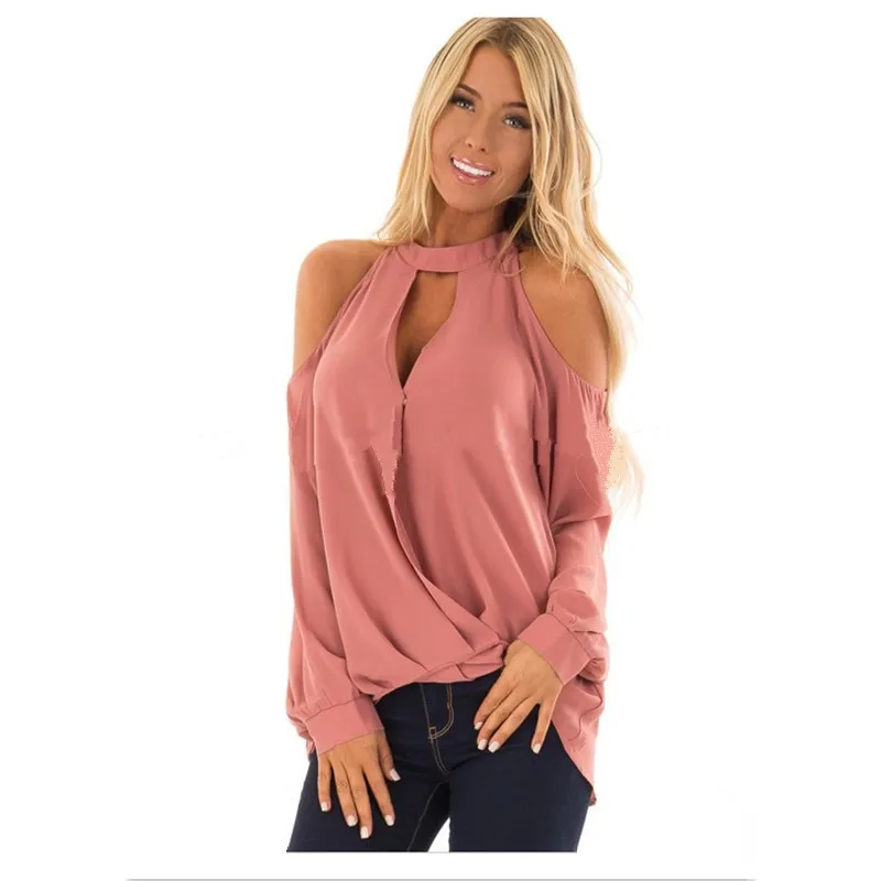 

Sexy Off-shoulder Hanging Neck Hollow Long-sleeved Women's Solid Color Chiffon Shirt, Picture color