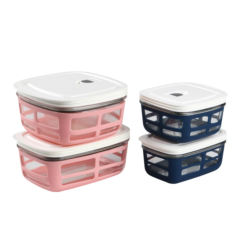 

Glass lunch box food container microwave safe 400ml/800ml leak proof silicone sleeve square bento box, Customized color