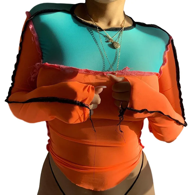 

2020 New fashion Women Sexy long sleeve contrast color Perspective T-shirt Solid Color Long Sleeve Tops