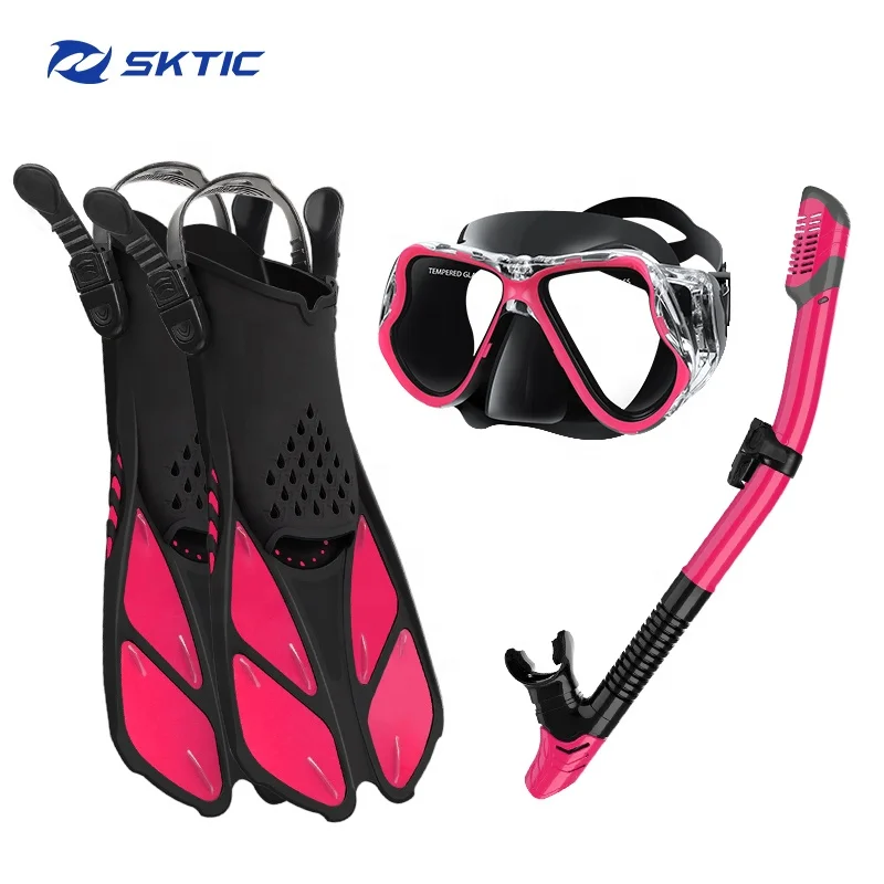 

2021 SKTIC Kids Aldults Bignner Diving Equipment Swimming Scuba Snorkeling Gear Swimming Glasses Diving Fins Combo, Blackred