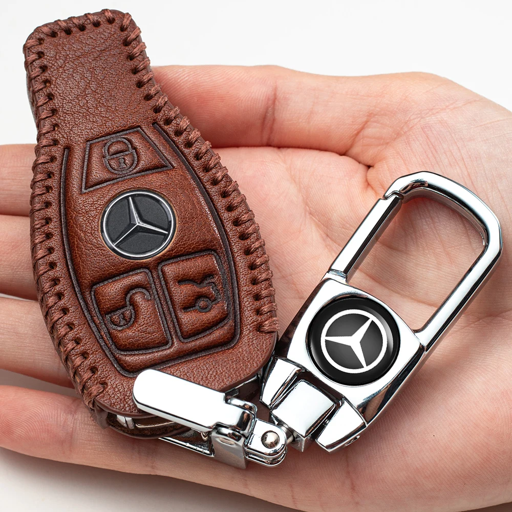 
Car Key Case - Genuine Leather Protector Keychain suit for Mercedes Benz C E S M CLS CLK G Class car Key Fob cover Smart Car 
