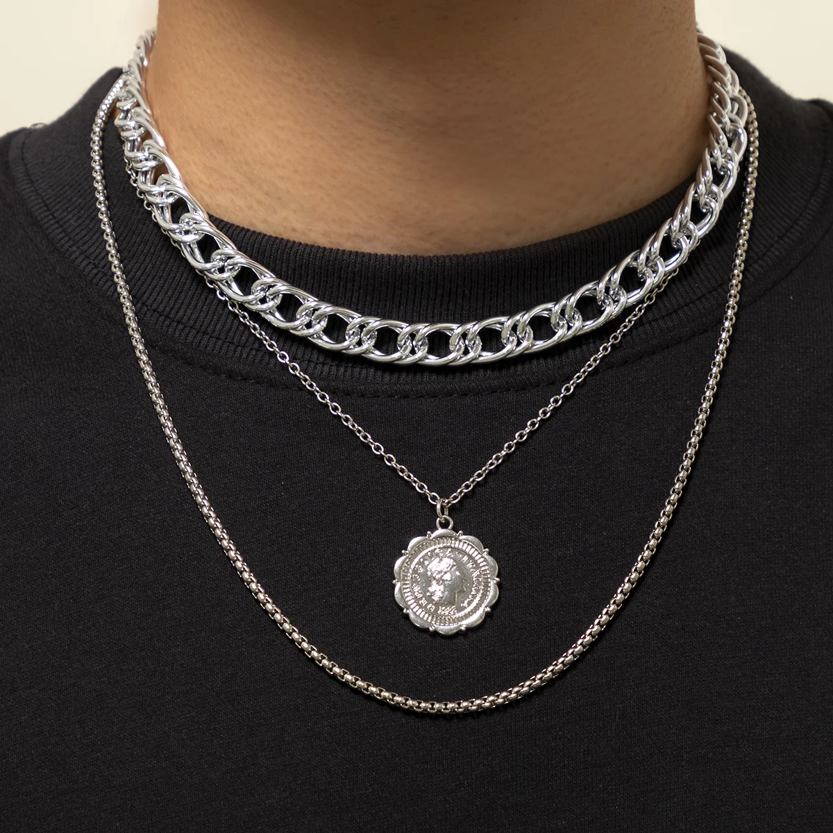 

SHIXIN Classic Portrait Coin Pendant Necklace Hip Hop 3 Layer Silver Link Chain Necklace Jewelry Necklace for Men Women