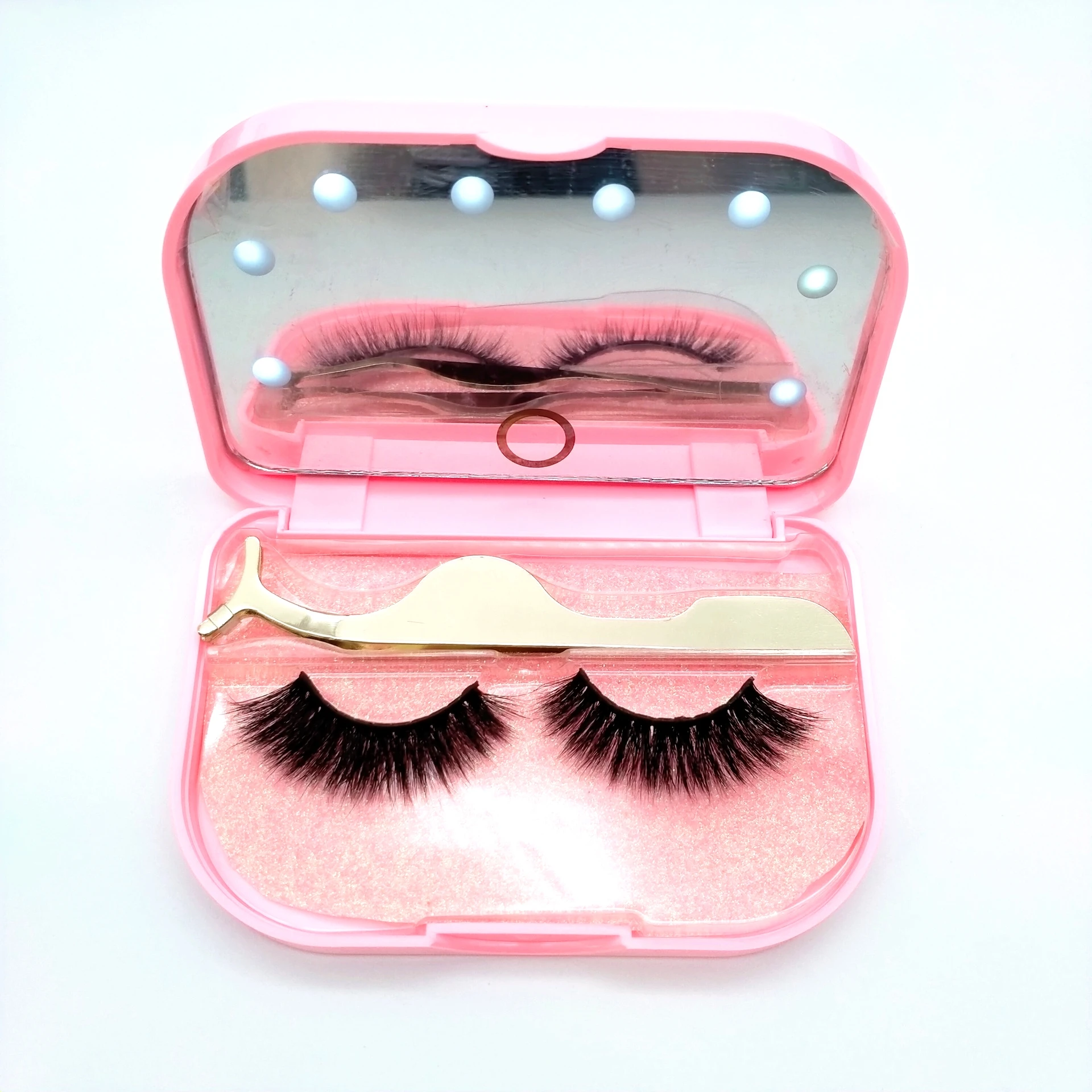 

5D mink eyelash case vendor pink package private label led lights lash case with mirror eyelash distributors acrylic lash box, Natural color