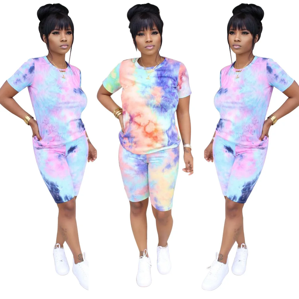 

Multi Color Printed Tie-dyed Women Outfits Shirts Shorts Set Tracksuits For Women, Picture color or oem yours