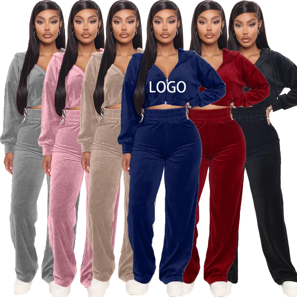 

2021 New Style Fashion Velvet Set Tracksuit Zipper Crop Top Hoodie Wide Leg Pants Joggers Two Piece Set Sweatsuit Women Clothing, Picture