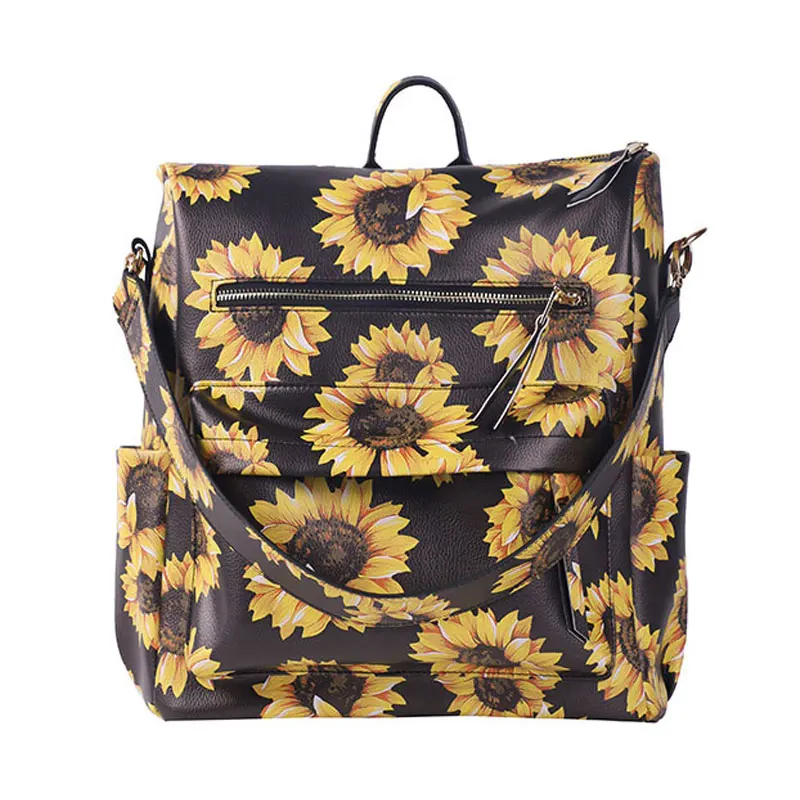 

Wholesale Sunflower Women Faux Leather Large Backpack With Sunflower Strap Lady PU Leather Convertible Shoulder Bag for Girl