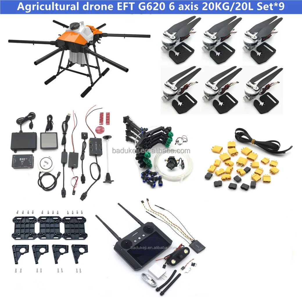 

EFT G620 6-axis 20KG frame 20L water tank 8L pump T12 H12 K++ V2 V7 flight control radar Hobbywing X9 agricultural spray drone