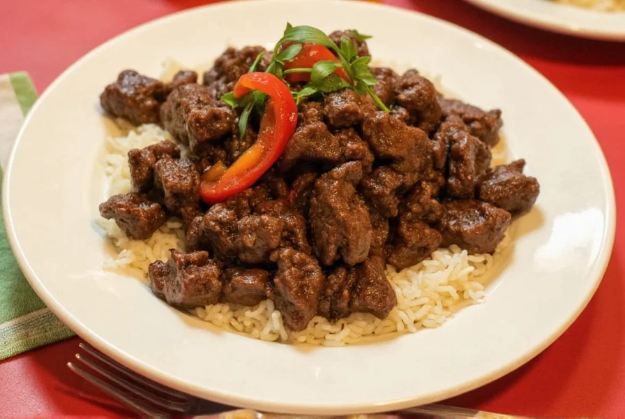 Finished pepper steak served over steamed rice with garnish