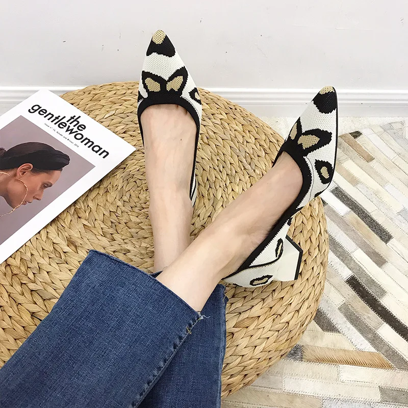 

Hot Sale Knitted Pump Mujer Pointed Leopard Grain Women Square Heel Slip On Shoes
