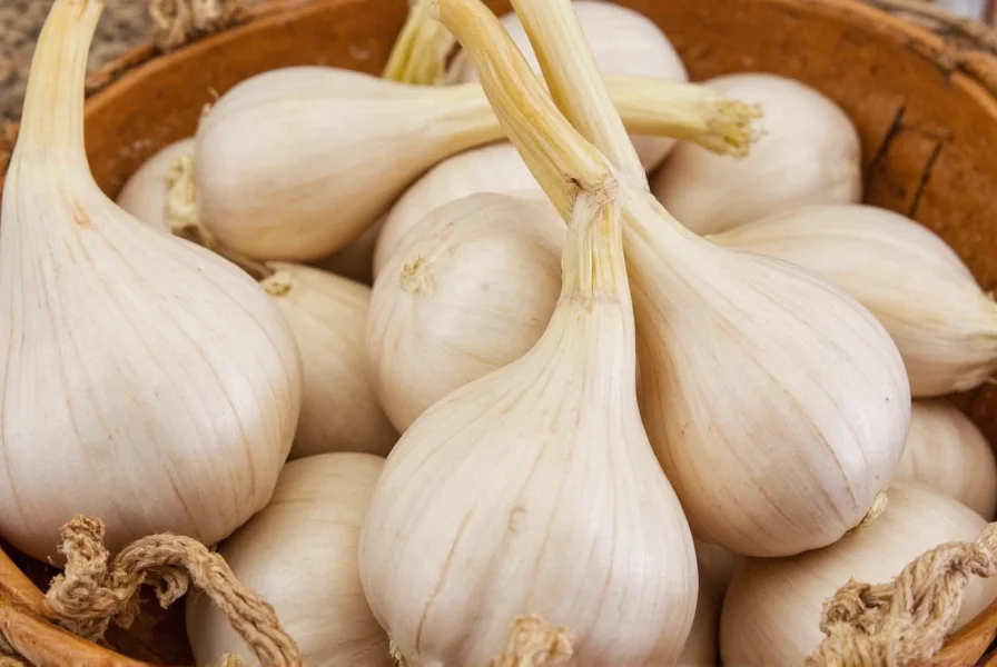 Properly stored hardneck garlic bulbs in mesh bags with good air circulation