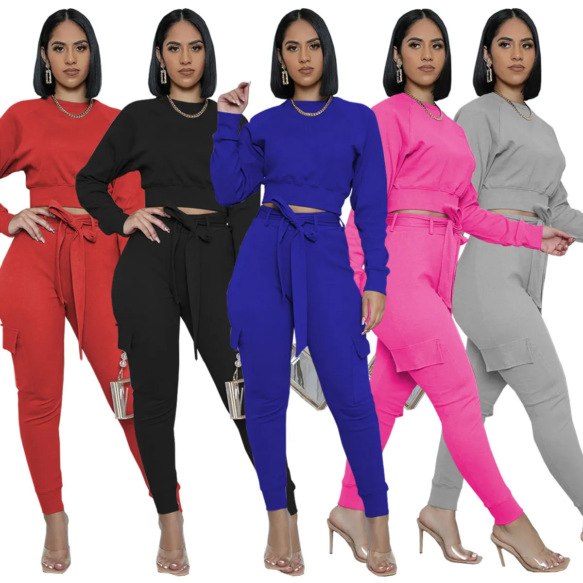 

21025-MX48 o-neck double pocket with belt women sets two piece sehe fashion