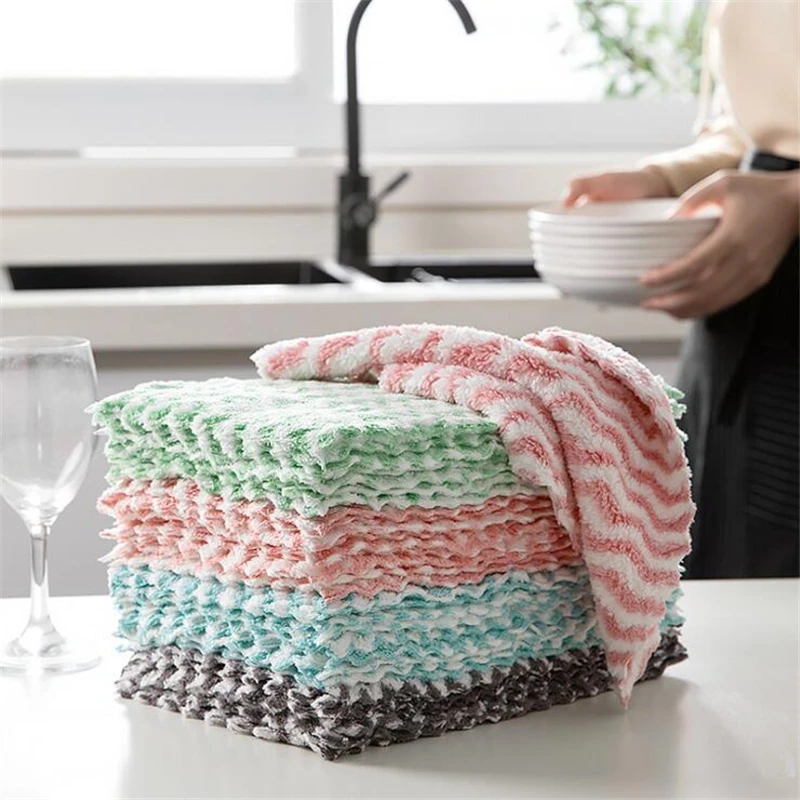 

Home Kitchen Coral Fleece Towel Absorbent Dish Towel Kichen Tools Multifunctional Wiping Rags Anti-grease Cleaning Tools, Brown, green, blue, pink