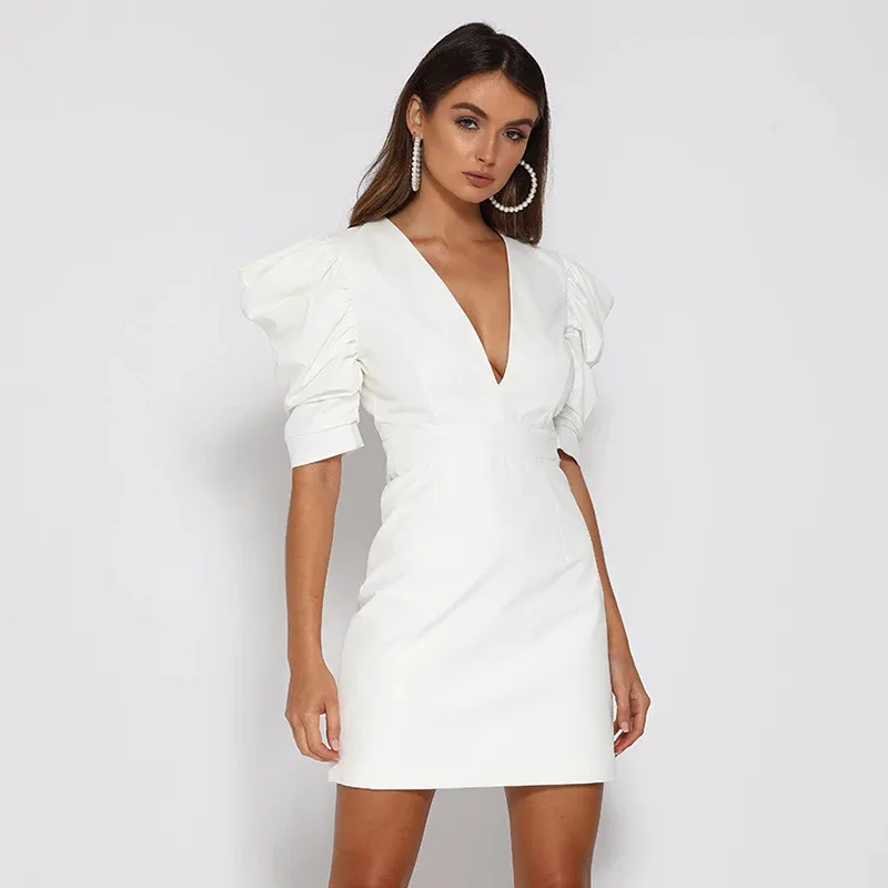 

2020 Summer Dress Sexy Fashion Women Backless V-neck Buttoned Princess Sleeve Bag Hip Nightclub Mini Skirt