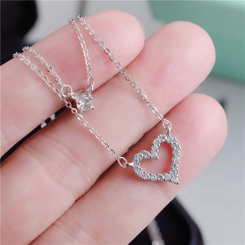 

Fashion Double Layer Crystal CZ Heart Pendant Necklace S925 Sterling Silver Cubic Zircon Hollow Heart Pendant Necklace