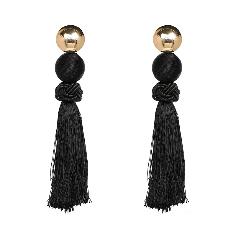

Boho Fashion Ethnic Braided Rope Knot Earrings Tassel Bohemian Handmade Long Tassel Silk Thread Ball Earring For Women Jewelry, Golded