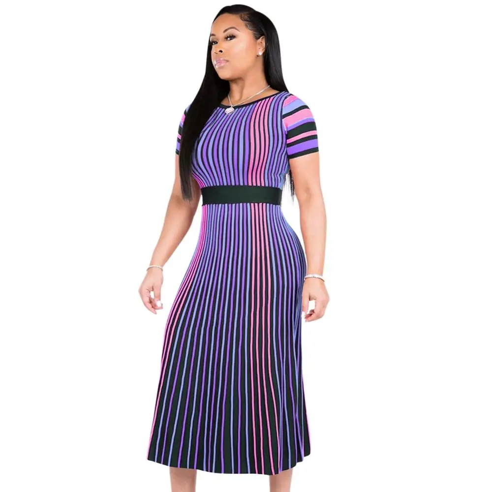 

Women Fashion O Neck Colorful Striped Short Sleeves African Midi Dresses