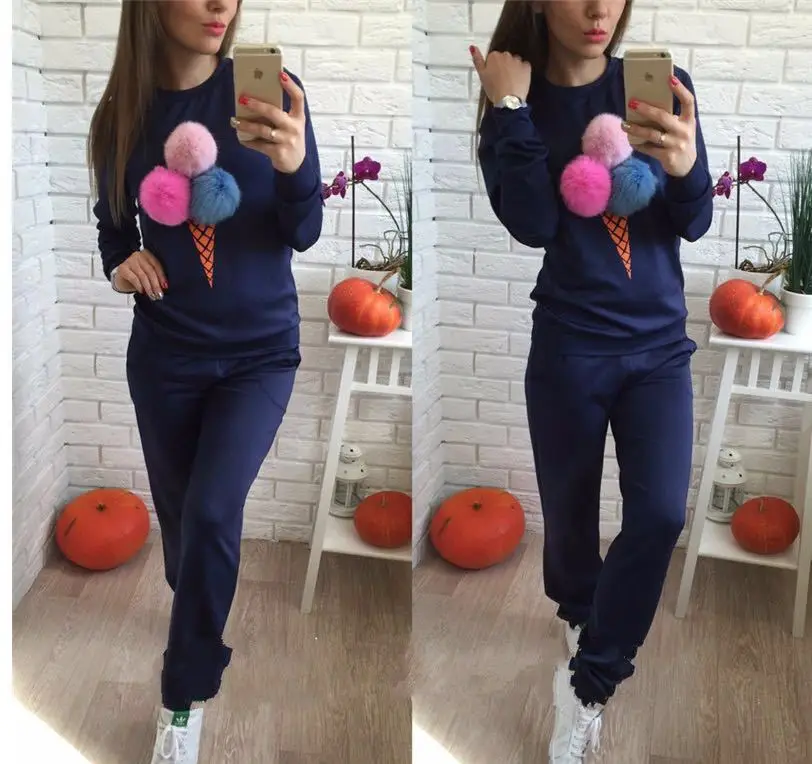 

Ladies' New Printed Autumn and Winter Fashion Fur Ball Sports Suit