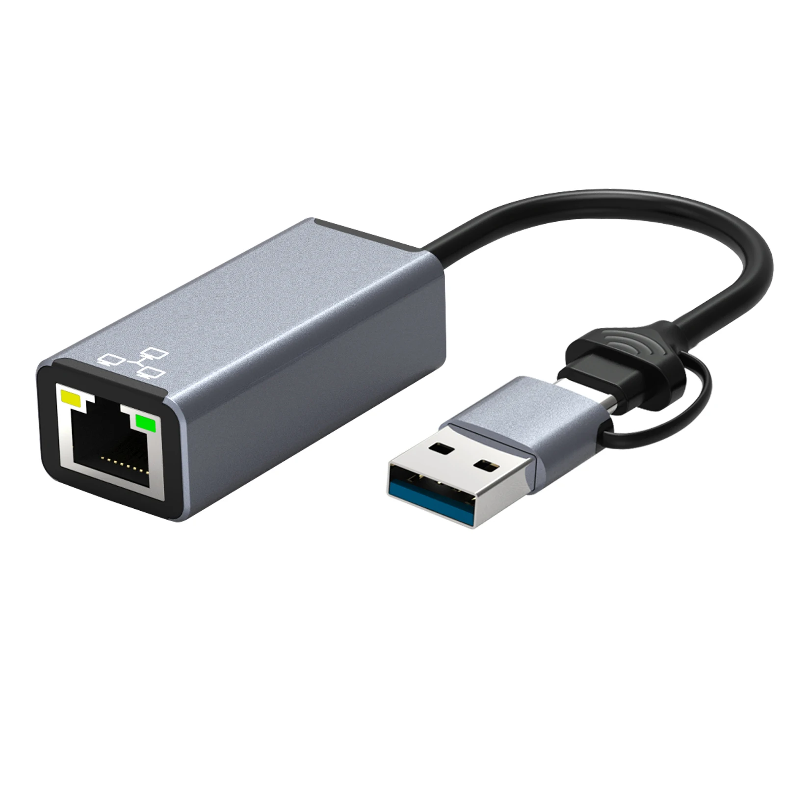 

2022 New Factory Wholesale 2 in 1 Aluminum Alloy Multiple USB C USB A to Ethernet rj45 Adapter For Phone and Laptop