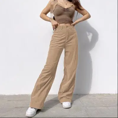 

Coldker New Streetwear high waist straight baggy trousers for ladies wide leg women casual brown corduroy pants, Picture