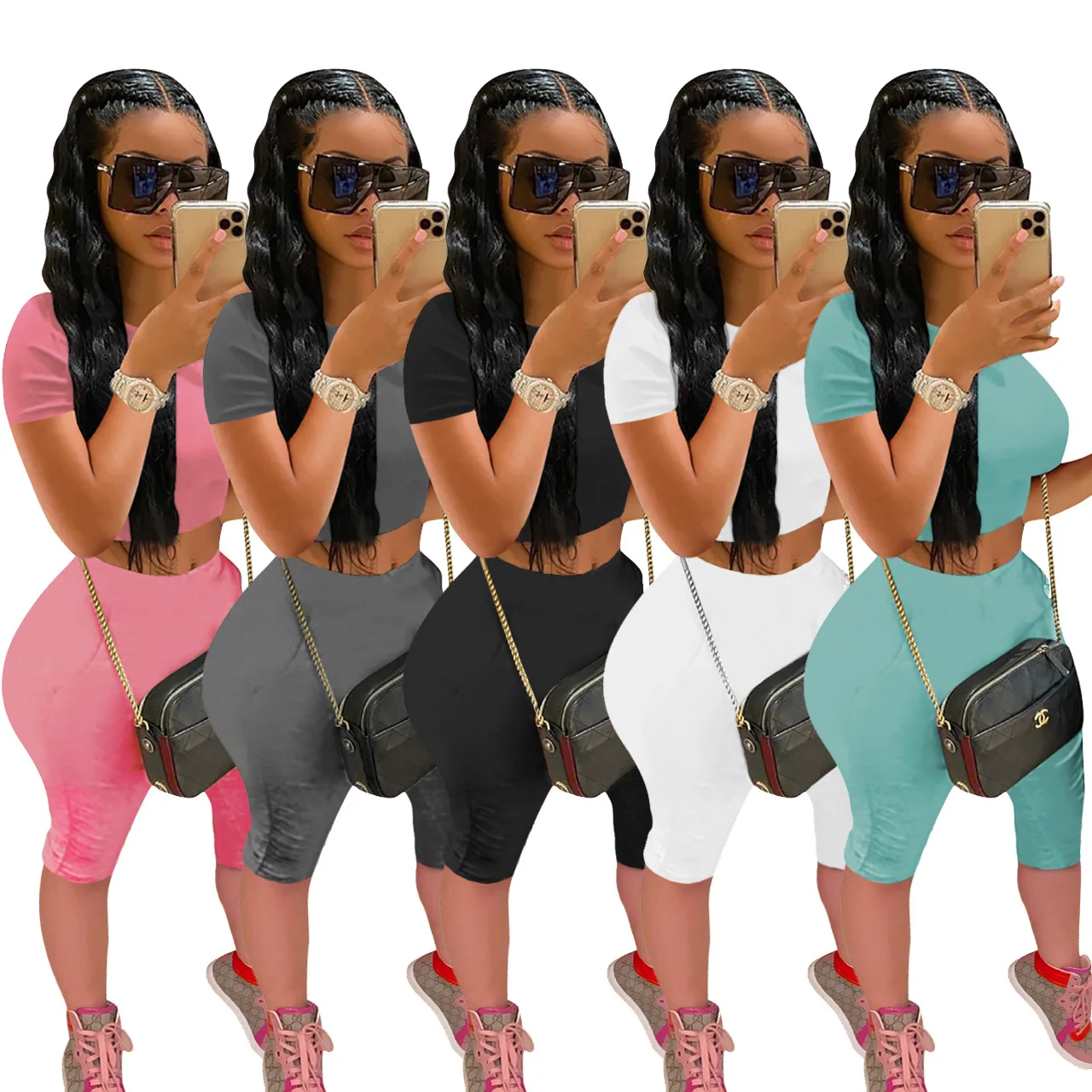 

TFZ1038 new summer Fashion jogging sets sportswear short sleeves women leisure stacked pants set two piece set