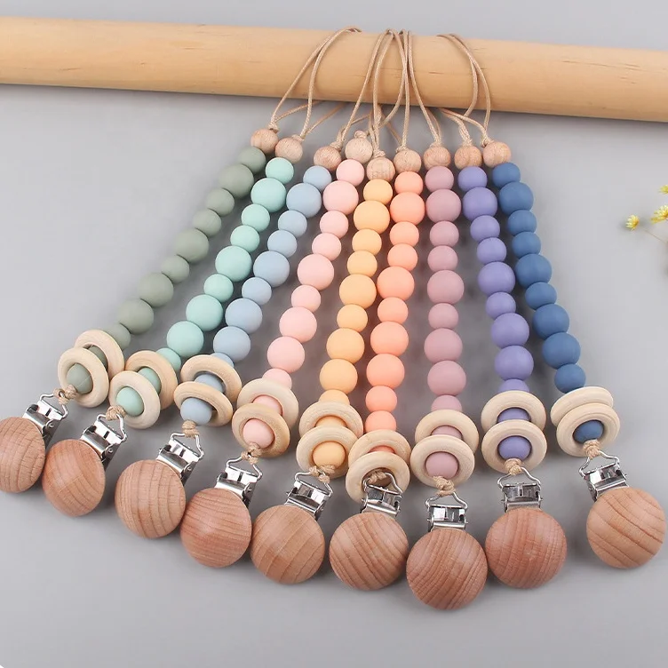 

New born custom brand teether wooden beads pacifier clip chain head wood ring