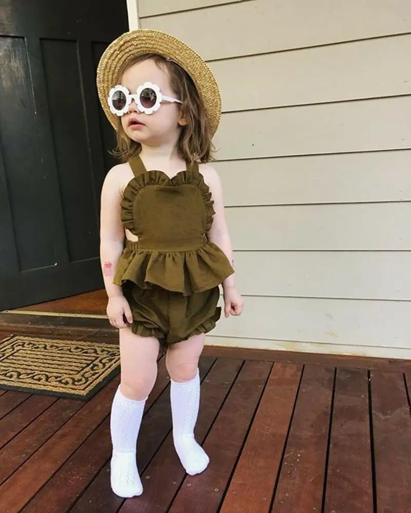 

2019 Summer Infant Clothing Toddler Girl Clothing Set Kids Sleeveless Cotton and Linen Blouse+Shorts 2pcs Set, As picture