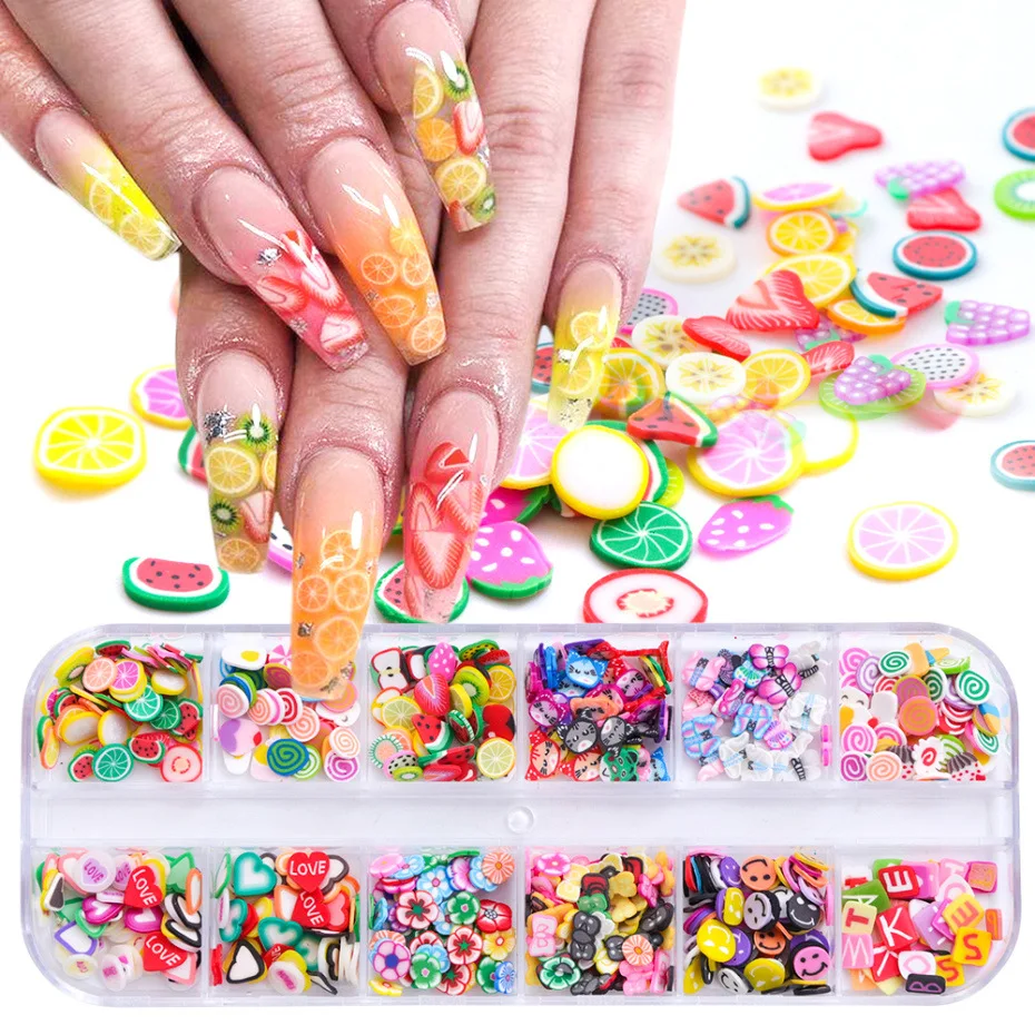 

3D Mixed Designs Colorful Tiny Slices Sticker Polymer Clay Slice Nail Art Decors Women Tips Fruit Slice Nail Art, Picture