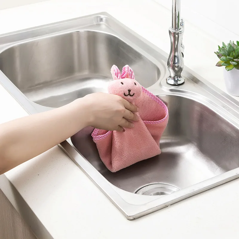 

coral velvet towel dish washing cloth Cute rabbit small square towel kitchen bathroom hanging towel, As show