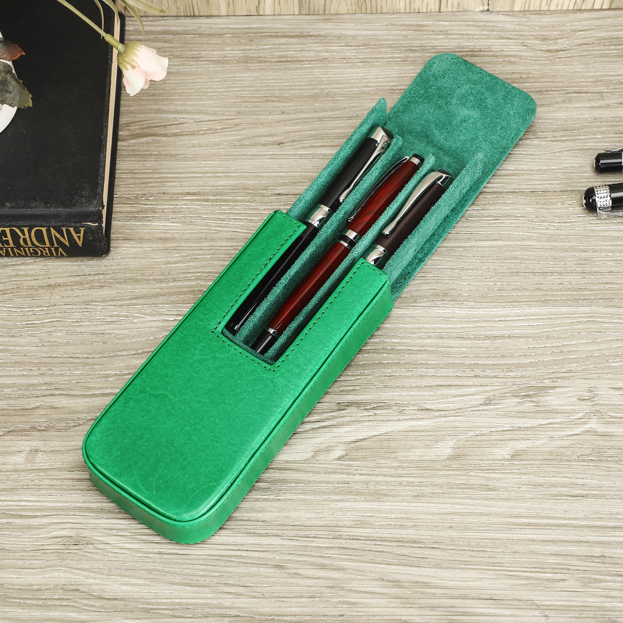 

Custom Logo Vintage Magnetic Flap Fountain Pen Case Luxury Office School Gift Genuine Leather 3 Slots Pen Case Box