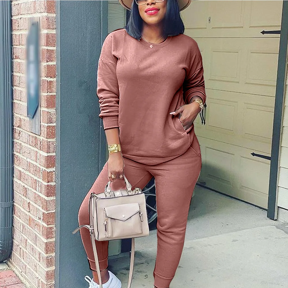 

2021 Fall Long Sleeve Fashion Pocket Design Skinny 2 Piece Sweat set Women two piece casual suits, Customized color